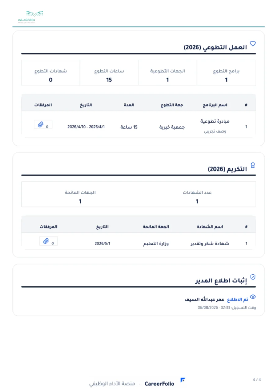 سجل اطلاع المدير مطبوعًا في آخر المستند